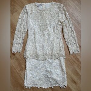 Vintage beaded dress cream pearls large wedding formal cocktail Laurence Kazar